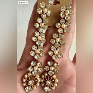 Statement Garden Girl Floral Gold faux pearls  4” maximalist earrings.